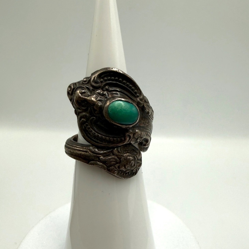 Towle Sterling El Grandee Turquoise Spoon Ring Vintage Silver Bypass Size 4.5